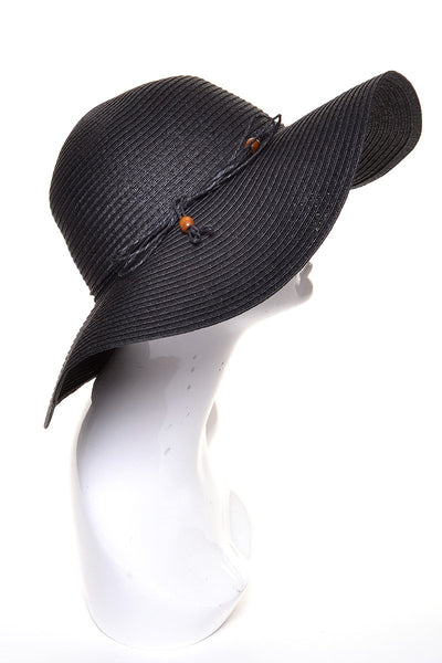 Black Floppy Summer Straw Hat with Beaded Tie