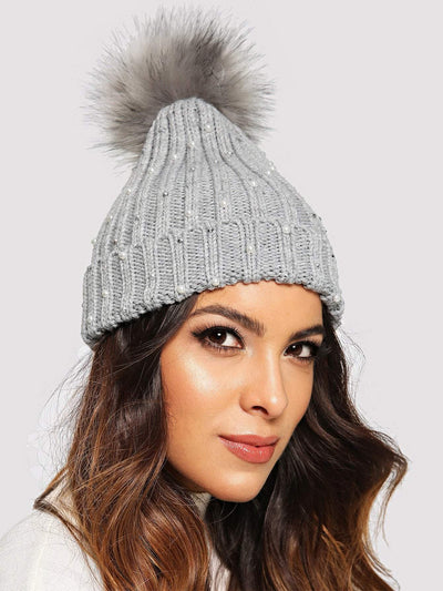 Faux Pearl & Pom-Pom Decorated Beanie Hat