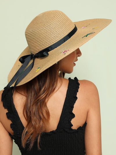 Flamingos Embroidery Bow Knot Decor Floppy Hat