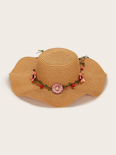 Flower & Cherry Decor Bow Knot Floppy Hat
