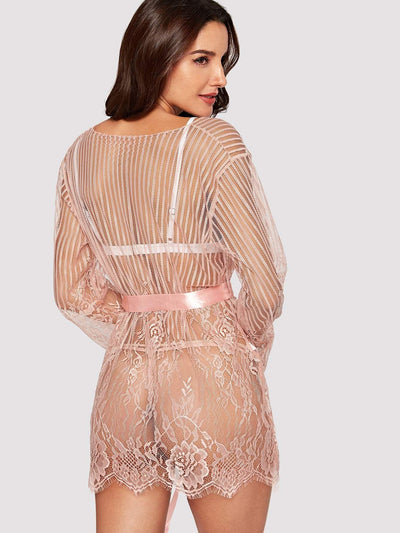 Eyelash Lace Robe With Thong And Belt