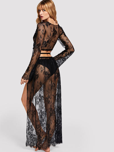 Eyelash Floral Lace Top & Skirt With Thong