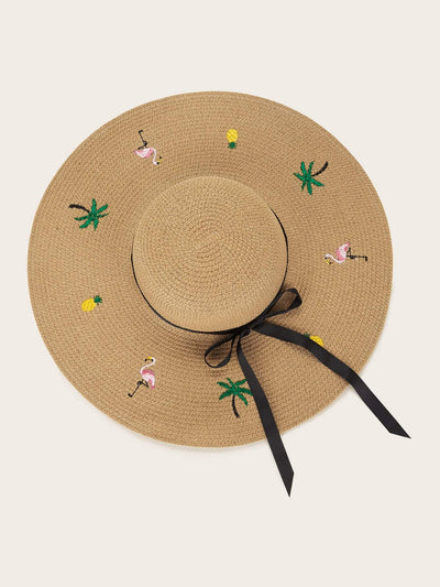 Flamingos Embroidery Bow Knot Decor Floppy Hat