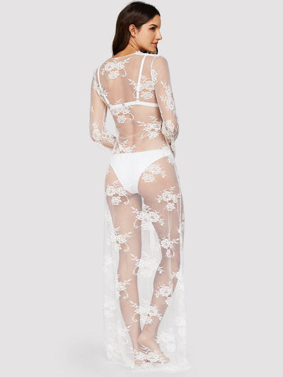 Floral Lace Robe With Thong & Belt