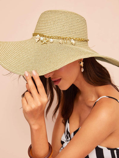 Conch & Starfish Pendant Chain Detail Floppy Hat