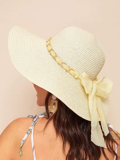 Chain Detail Exaggerated Bow Decor Floppy Hat