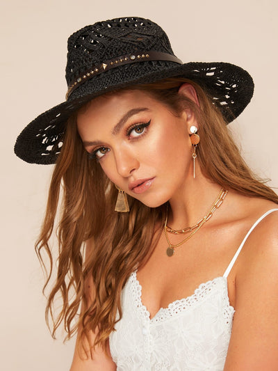 Spiked Decorated Hollow Out Panama Hat