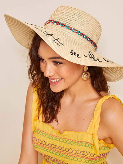 Pom Pom Decor Slogan Embroidery Straw Hat