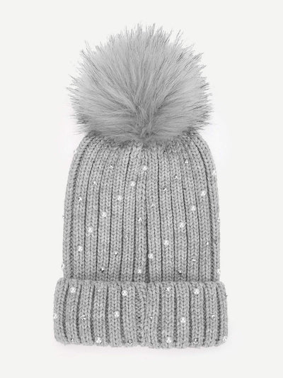 Faux Pearl & Pom-Pom Decorated Beanie Hat