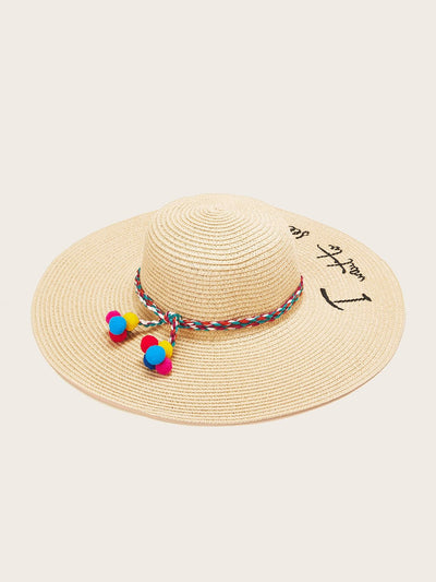 Pom Pom Decor Slogan Embroidery Straw Hat