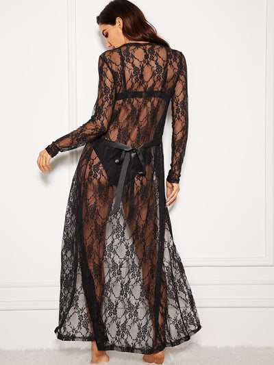 Floral Lace Sheer Robe With Thong