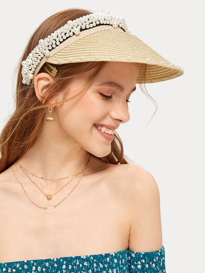 Faux Pearl Decor Straw Woven Visor