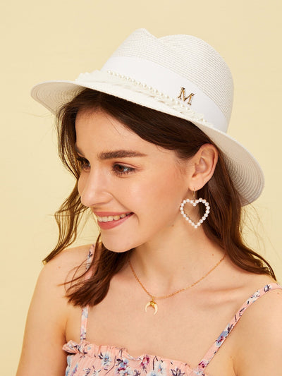 Faux Pearl & Letter Decor Straw Fedora