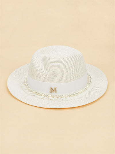 Faux Pearl & Letter Decor Straw Fedora