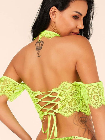Neon Lime Lace-up Off Shoulder Top With Choker