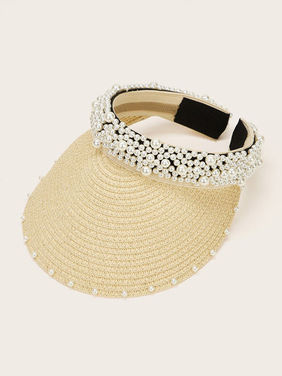 Faux Pearl Decor Straw Woven Visor