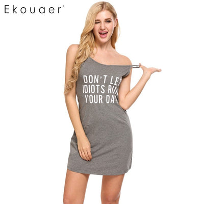 Ekouaer Women Letter Print Nightgown Sleep Lounge Dress Sleepwear Sexy V-Neck Dress Slim Home Clothes Nightwear S/M/L/XL/XXL