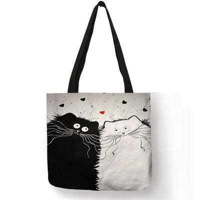 Cute Cat Printing Women Handbag, Linen Tote Bag, Casual Traveling Beach Bag