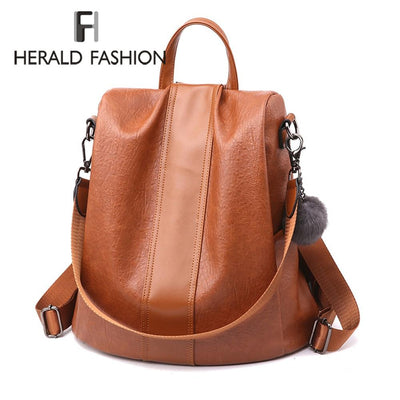 Quality Leather Anti-thief Women Backpack Large Capacity Hair Ball School Bag for Teenager girls Male Travel Bags