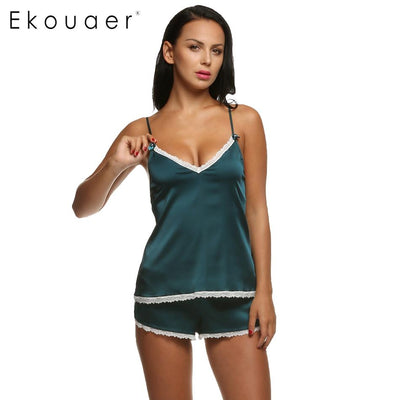 Ekouaer Women Clothes For Summer Shorts Sets V-Neck Sleepwear Satin Pajama Women's Pajamas Spaghetti Strap Lace Sexy Pajama Set