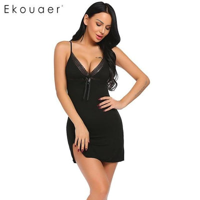 Ekouaer Sexy Lingerie Nightdress Chemise Sleepshirts Women Mini Babydoll Sleep Dress Lace-Trim Sleepwear Nightgown with G-string