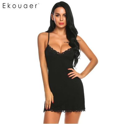 Ekouaer Sexy Nightgown Lingerie Sleepwear Slip Babydoll Nightwear Backless Lace Trim Slim Women V Neck Chemise Night Dress