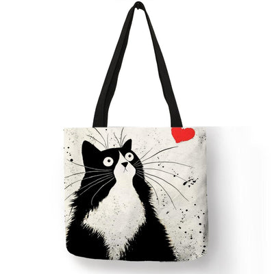 Cute Cat Printing Women Handbag, Linen Tote Bag, Casual Traveling Beach Bag
