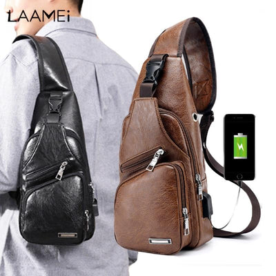 Crossbody Bag, Men Zipper Solid Waist Bag, Leather Shoulder Bag, USB Handbag