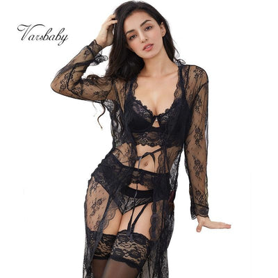 Varsbaby Sexy Lace Underwear Set Robe+Bra+ Panties+ Stockings +Y-line Straps +Thong 7 Piece For Lady