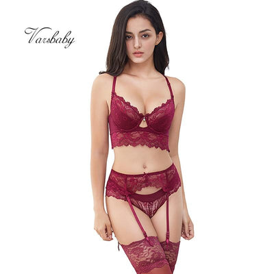 Varsbaby sexy lace push up lingerie set bra+panty+garter+stockings+Y-line straps 5pcs for women