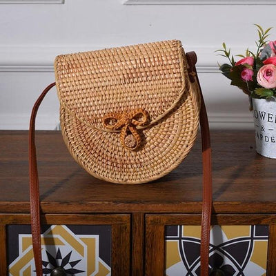 Round Straw Bag, Summer Style Women Bohemian Handbag Handmade Beach Circular Bag